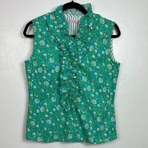 Tizzie Green Seashell Print Cotton Blend Sleeveless Ruffle Top Size M